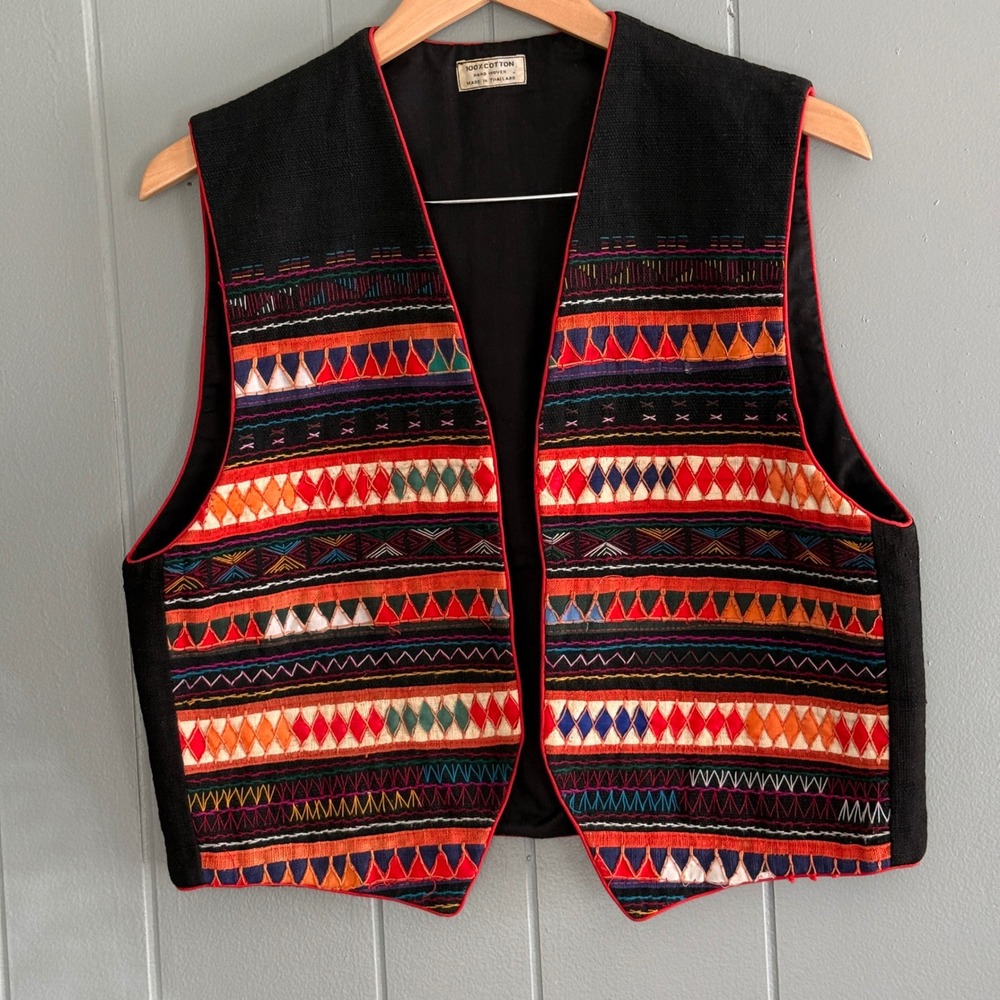 Vintage Hand Woven Cotton Embroidered Vest Black Hmong Style Geometric Thailand